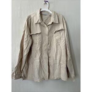 Vintage Drapers and Damons Women XL 100% Silk Top Shirt Beige Button Down Blouse